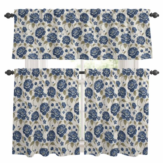 Spring Floral Kitchen Curtains Valances and Tiers Set of 3 Watercolor Gradient Blue Flowers Green Leaves Retro Tier Curtains and Valance with Rod Pocket for Small Windows, 27.5"x36"