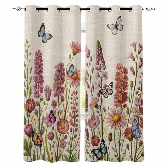 Spring Floral Kitchen Curtains Watercolor Lavender Daisy Butterflies Beige Cafe Short Curtains for Bathroom Blackout Window Curtain Small Window Treatment Drapes for Bedroom Living Room 52"x45"x2
