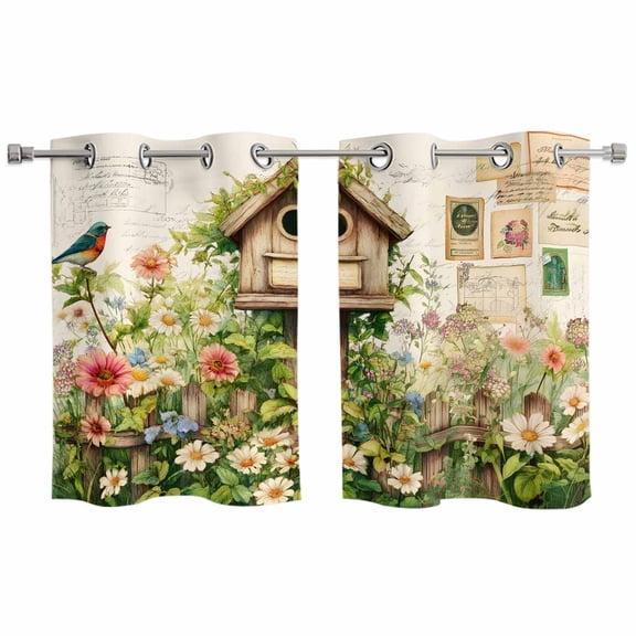 Spring Floral Kitchen Curtains Window Panels, Birds Cabin Daisy Watercolor Botanical Farmhouse Insulated Window Treatment Curtain, Grommet Curtains for Bedroom/Living Room, 2 Piece 27.5"Wx39"L