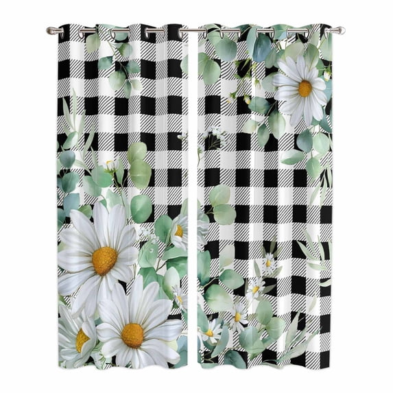 Spring Floral Kitchen Curtains Window Panels, Daisy Eucalyptus Leaves Black White Plaid Insulated Window Treatment Curtain, Grommet Curtains for Bedroom/Living Room/Bathroom, 2 Piece 42"Wx84"L