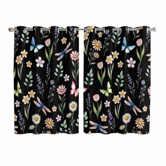 Spring Floral Kitchen Curtains Window Panels, Elegant Pastoral Flowers Dragonfly Black Insulated Window Treatment Curtain, Grommet Curtains for Bedroom/Living Room/Bathroom, 2 Piece 52"Wx72"L