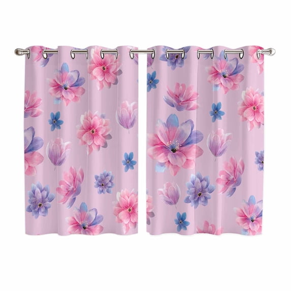 Spring Floral Kitchen Curtains Window Panels, Summer Botanical Purple Pink Flower Insulated Window Treatment Curtain, Grommet Curtains for Bedroom/Living Room/Bathroom, 2 Piece 52"Wx72"L