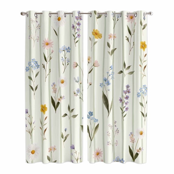 Spring Floral Kitchen Curtains Window Panels, Summer Botanical Sage Green Striped Insulated Window Treatment Curtain, Grommet Curtains for Bedroom/Living Room/Bathroom, 2 Piece 42"Wx84"L