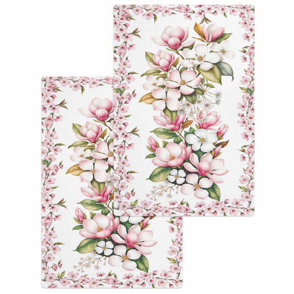 Spring Floral Kitchen Dish Towels for Drying Dishes Set of 2, Retro Pink Orchid Flowers Leaves Botanical Waffle Weave Microfiber Hand Tea Bathroom Towels Quick Dry & Absorbent Towel 15.7x23.6