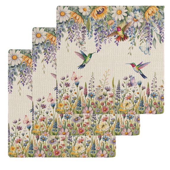 Spring Floral Kitchen Dish Towels for Drying Dishes Set of 3, Daisy Sunflowers Wisteria Hummingbird Beige Waffle Weave Microfiber Hand Tea Bathroom Towels Quick Dry & Absorbent Towel 12x12