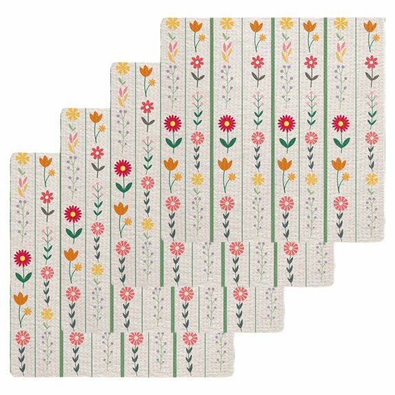Spring Floral Kitchen Dish Towels for Drying Dishes Set of 4, Colorful Summer Flowers Vintage Botanical Waffle Weave Microfiber Hand Tea Bathroom Towels Quick Dry & Absorbent Towel 12x12
