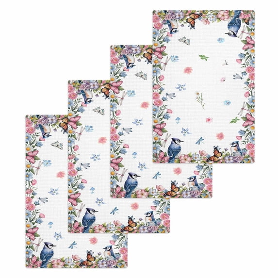 Spring Floral Kitchen Dish Towels for Drying Dishes Set of 4, Watercolor Flower Butterflies Birds Plant Waffle Weave Microfiber Hand Tea Bathroom Towels Quick Dry & Absorbent Towel 15.7x23.6