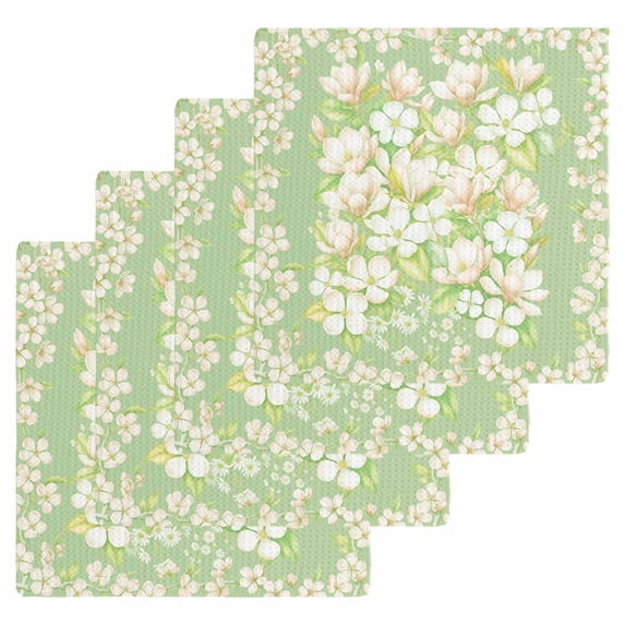 Spring Floral Kitchen Dish Towels for Drying Dishes Set of 4, Watercolor Orchid Flowers Leaves Botanical Green Waffle Weave Microfiber Hand Tea Bathroom Towels Quick Dry & Absorbent Towel 12x12