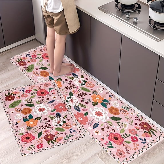 Spring Floral Kitchen Mat Set - Romantic Pink, Fade-Resistant, Soft ...