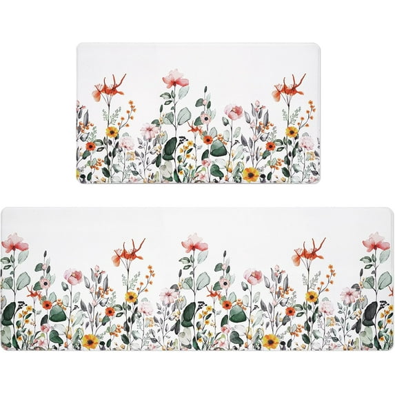 Spring Floral Kitchen Mats for Floor, Cushioned Anti-Fatigue Kitchen Rugs Non Slip, Wild Flowers Kitchen Rugs Sets of 2, Kitchen Floor Comfort Mats for Home & Office, 17'''' x 48'''' + 17'''' x 30''''