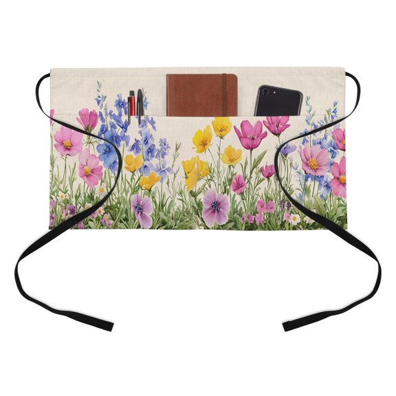 Spring Floral Kitchen Restaurant Half Waist Apron, Beauty Watercolor Linen Texture Server Short Apron with 3 Pockets Waterproof Oil Waist Aprons for Women Waitress Waiter