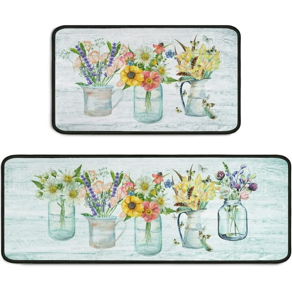 Spring Floral Kitchen Rug Mat Set of 2 Summer Flowers Farmhouse Kitchen Rugs Washable Non Slip Kitchen Mats for Floor Decor