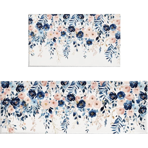 Spring Floral Kitchen Rugs Set of 2 Navy Blue and Pink Flowers Kitchen Mats for Floor Non Slip Kitchen Runner for Home Farmhouse Seasonal Decor Comfort Standing Mat for Sink Laundry