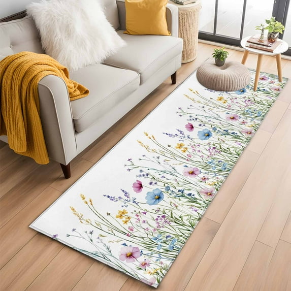 Spring Floral Kitchen Runner Rug 2x6 Washable Runners for Hallway Non Slip Colorful Botanical Wildflower Summer Large Area Rug Indoor Floor Carpet for Bathroom Laundry Entryway Bedroom Living Room