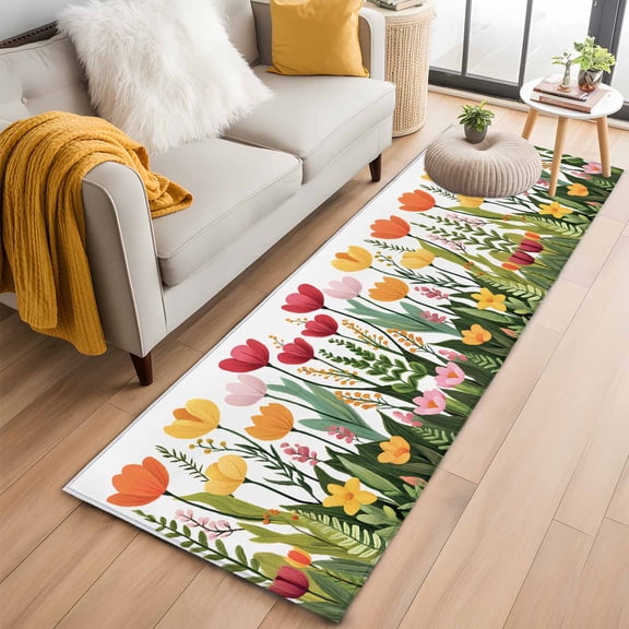 Spring Floral Kitchen Runner Rug 2x6 Washable Runners for Hallway Non Slip Modern Country Botanical Flower Leaf Plants Large Area Rug Indoor Floor Carpet for Bathroom Laundry Entryway Bedroom