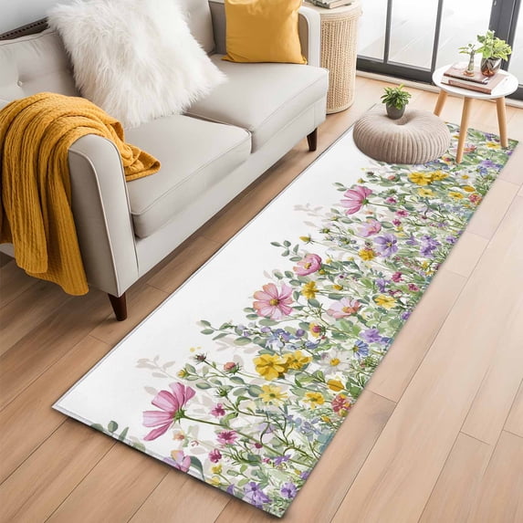 Spring Floral Kitchen Runner Rug 2x6 Washable Runners for Hallway Non Slip Watercolor Flower Eucalyptus Leaves Botanical Large Area Rug Indoor Floor Carpet for Bathroom Laundry Entryway Bedroom