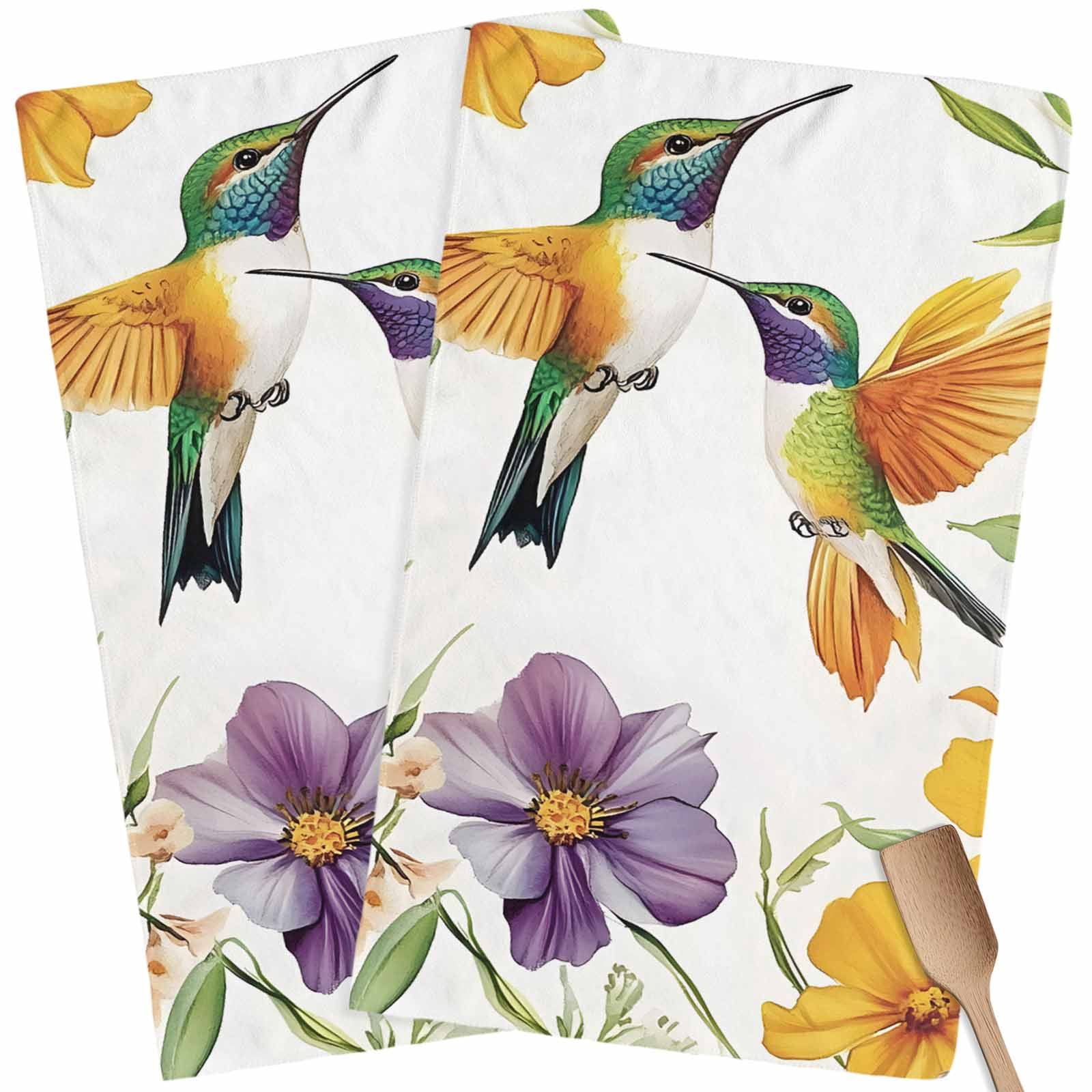 Spring Floral Kitchen Towel Dish Cloths Set of 2, Microfiber Soft Kitchen Hand Towels, Summer Botanical Birds Colorful Absorbent Quick Drying Dishcloths 18 x 28 Inches