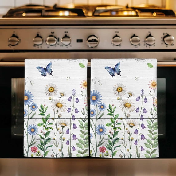 Spring Floral Kitchen Towels Set of 1, Pink Blue Flowers Butterfly Wooden Absorbent Dish Towels for Kitchen, Microfiber Hand Towel, Quick Drying Tea Towel for Cleaning Decorative Dishcloths