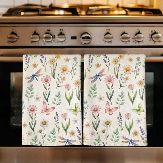 Spring Floral Kitchen Towels Set of 2, Elegant Pastoral Flowers Dragonfly Retro Absorbent Dish Towels for Kitchen, Microfiber Hand Towel, Quick Drying Tea Towel for Cleaning Decorative Dishcloths