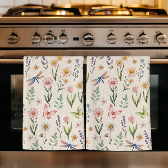 Spring Floral Kitchen Towels Set of 2, Elegant Pastoral Flowers Dragonfly Rustic Absorbent Dish Towels for Kitchen, Microfiber Hand Towel, Quick Drying Tea Towel for Cleaning Decorative Dishcloths