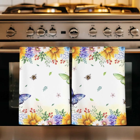 Spring Floral Kitchen Towels Set of 2, Hydrangea Sunflowers Butterflies Watercolor Absorbent Dish Towels for Kitchen, Microfiber Hand Towel, Quick Drying Tea Towel for Cleaning Decorative Dishcloths