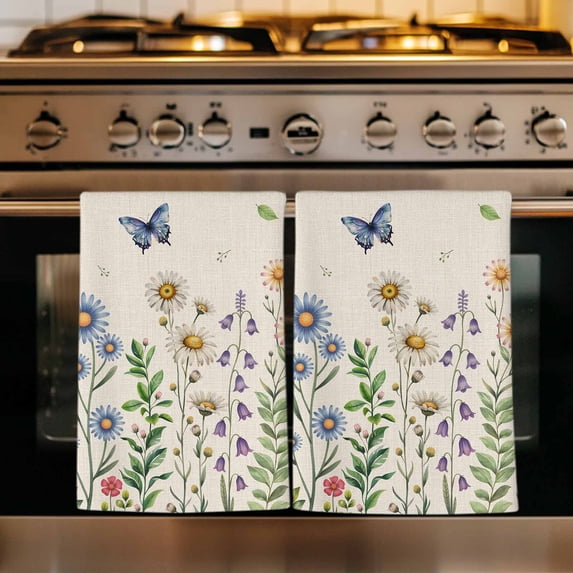 Spring Floral Kitchen Towels Set of 2, Pink Blue Flowers Butterfly Rustic Absorbent Dish Towels for Kitchen, Microfiber Hand Towel, Quick Drying Tea Towel for Cleaning Decorative Dishcloths
