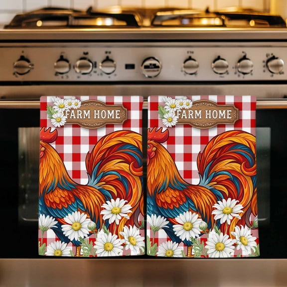 Spring Floral Kitchen Towels Set of 2, Red Checkered Rooster Farmhouse Art Absorbent Dish Towels for Kitchen, Microfiber Hand Towel, Quick Drying Tea Towel for Cleaning Decorative Dishcloths