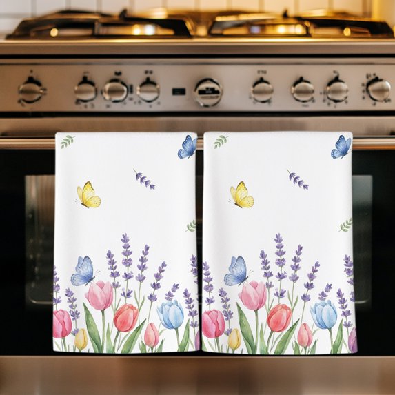 Spring Floral Kitchen Towels Set of 2, Tulip Summer Flowers Botanical Butterfly Absorbent Dish Towels for Kitchen, Microfiber Hand Towel, Quick Drying Tea Towel for Cleaning Decorative Dishcloths
