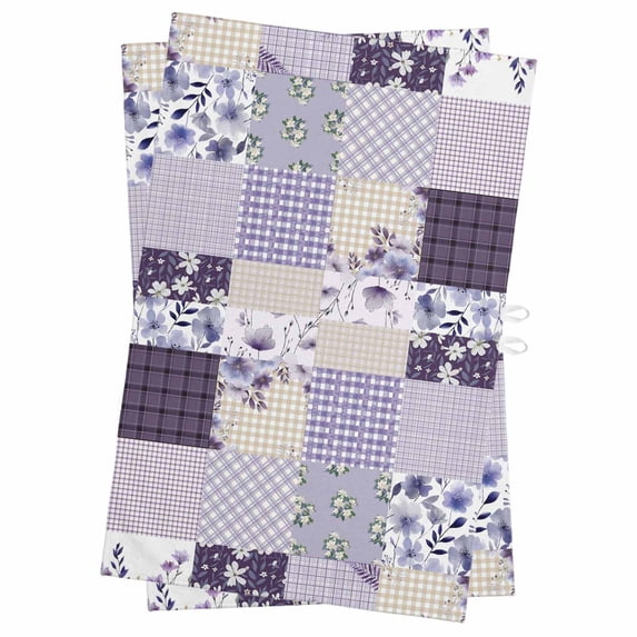 Spring Floral Kitchen Towels Set of 2, Water Absorbent Dish Towel, Dark Purple Flowers Patchwork Grid Bohemia Decorative Hand Towels - Quick Drying Cloth for Cooking Baking, 18x28 Inch