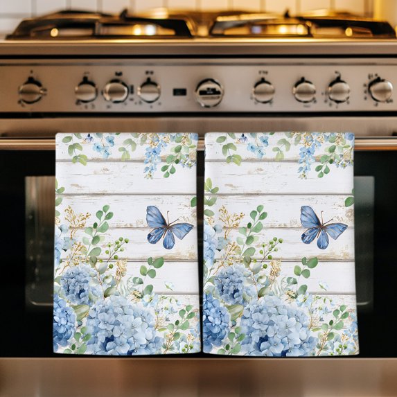 Spring Floral Kitchen Towels Set of 2, Watercolor Flowers Eucalyptus Leaves Wooden Gray Absorbent Dish Towels for Kitchen, Microfiber Hand Towel, Quick Drying Tea Towel for Cleaning Dishcloths