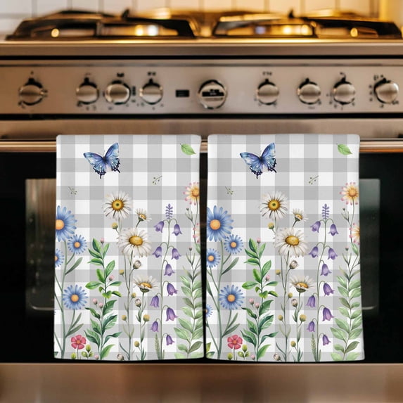 Spring Floral Kitchen Towels Set of 3, Grey Plaid Pink Blue Flowers Butterfly Absorbent Dish Towels for Kitchen, Microfiber Hand Towel, Quick Drying Tea Towel for Cleaning Decorative Dishcloths