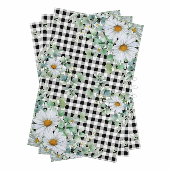 Spring Floral Kitchen Towels Set of 3, Water Absorbent Dish Towel, Daisy Eucalyptus Leaves Black White Plaid Decorative Hand Towels - Quick Drying Cloth for Cooking Baking, 18x28 Inch