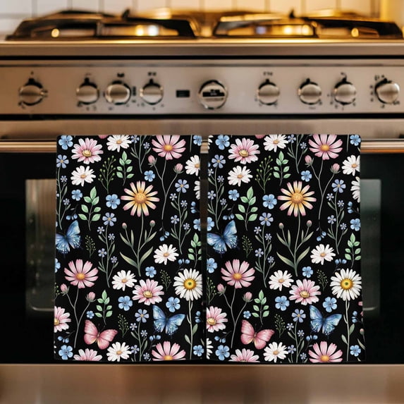 Spring Floral Kitchen Towels Set of 4, Elegant Pastoral Flowers Butterflies Black Absorbent Dish Towels for Kitchen, Microfiber Hand Towel, Quick Drying Tea Towel for Cleaning Decorative Dishcloths