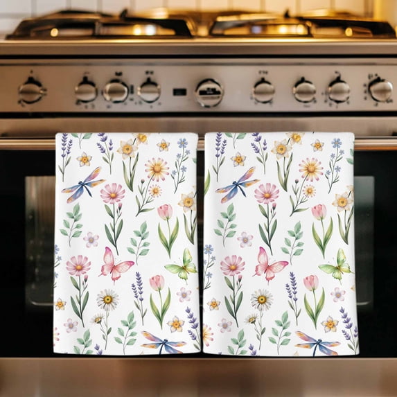 Spring Floral Kitchen Towels Set of 4, Elegant Pastoral Flowers Dragonfly Watercolor Absorbent Dish Towels for Kitchen, Microfiber Hand Towel, Quick Drying Tea Towel for Cleaning Dishcloths