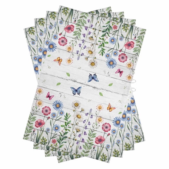 Spring Floral Kitchen Towels Set of 4, Water Absorbent Dish Towel, Pink Blue Flowers Butterfly Wooden Decorative Hand Towels - Quick Drying Cloth for Cooking Baking, 18x28 Inch