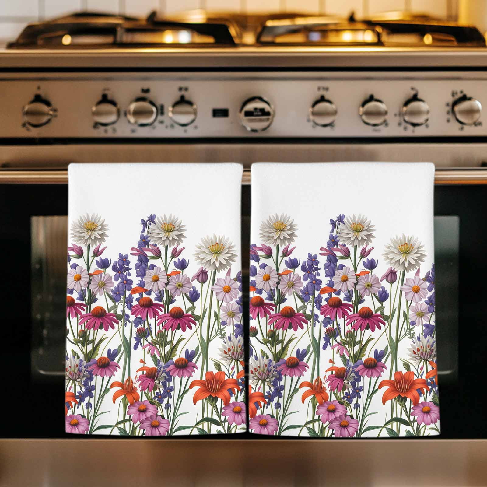 Spring Floral Kitchen Towels Set of 4, Watercolor Daisy Lily Lavender ...