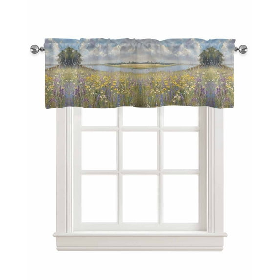 Spring Floral Kitchen Valances for Windows Farmhouse Linen Window Valance Curtain for Living Room Window Treatment Oil Painting Pastoral Flowers Valance Rod Pocket Topper Drape, 42 x 12 Inch
