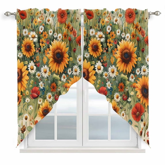 Spring Floral Kitchen Window Curtains, Swag Curtains Valance for Bedroom Living Room Bathroom, Summer Sunflower Botanical Vintage Rod Pocket Window Treatment Curtain Block Drapes 2 Panels 36"x63"