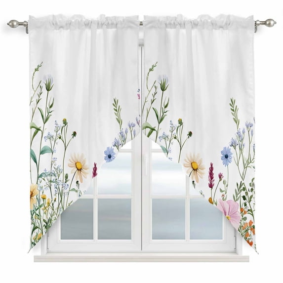 Spring Floral Kitchen Window Curtains, Swag Curtains Valance for Bedroom Living Room Bathroom, Wildflowers Herbs Summer Botanical Rod Pocket Window Treatment Curtain Block Drapes 2 Panels 28"x36"