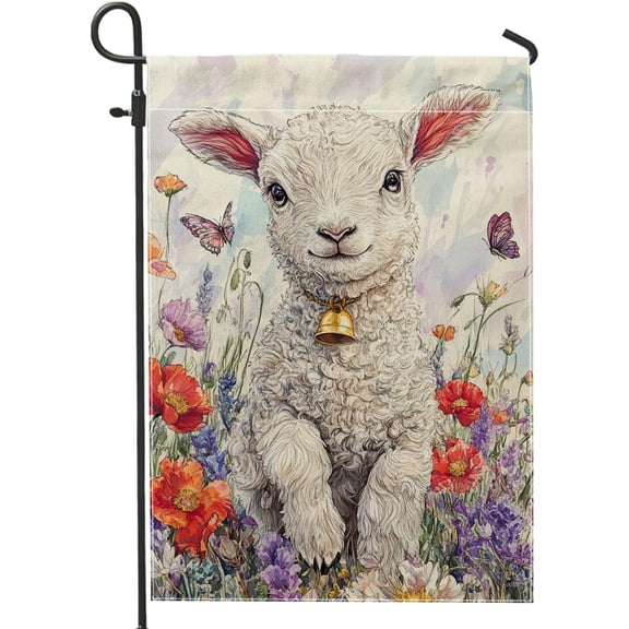 Spring Floral Lamb Garden Flag, Double Sided Burlap Yard Flag, White Sheep Outdoor Lawn Decoration, 12 x 18 Inch