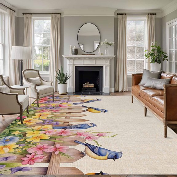Spring Floral Large Area Rug 8x10 FT, Non Slip Living Room Throw Carpet, Summer Birds Botanical Fence Rustic Washable Soft Indoor Outdoor Carpet Non-Shedding Rug for Bedroom Dining Room