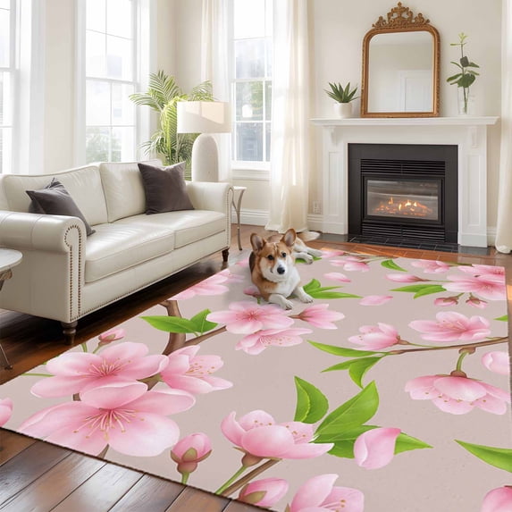 Spring Floral Large Area Rugs 5x8 ft Watercolor Flower Green Leaves Light Pink Background Washable Rug Non Slip Indoor Carpet Absorbent Floor Mat for Living Room Bedroom Dining Room