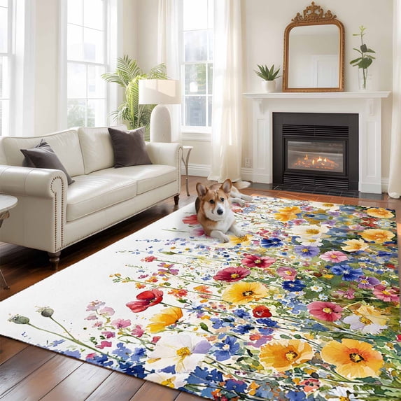 Spring Floral Large Area Rugs 6x9 ft Wildflower Summer Flower Washable Rug Non Slip Indoor Carpet Absorbent Floor Mat for Living Room Bedroom Dining Room