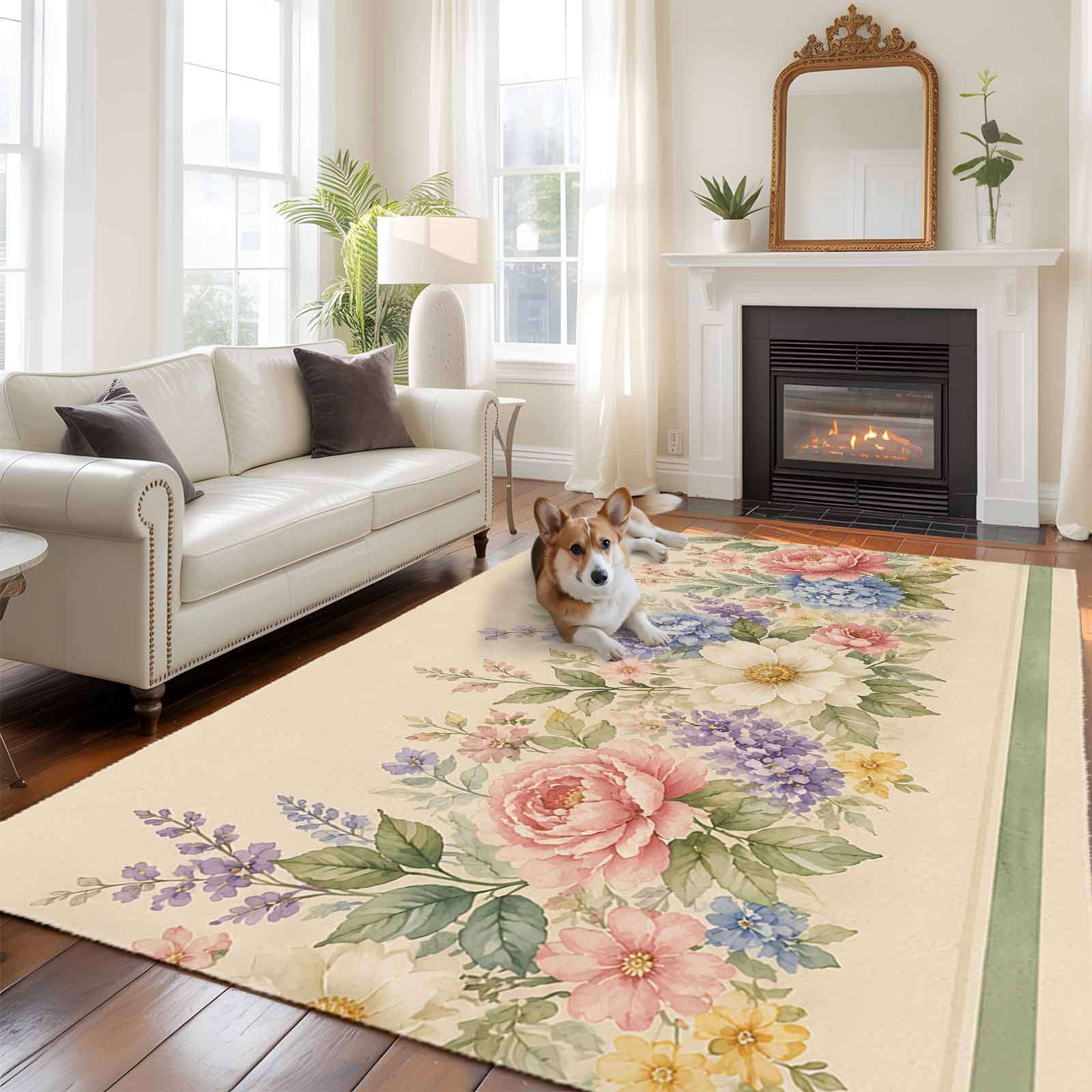 Spring Floral Large Area Rugs 6x9ft Romantic Pink Rose Peony Bud Green ...