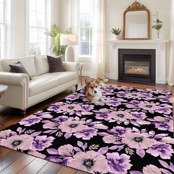Spring Floral Large Area Rugs 8x10 ft Watercolor Pink Purple Flowers Farmhouse Black Washable Rug Non Slip Indoor Carpet Absorbent Floor Mat for Living Room Bedroom Dining Room