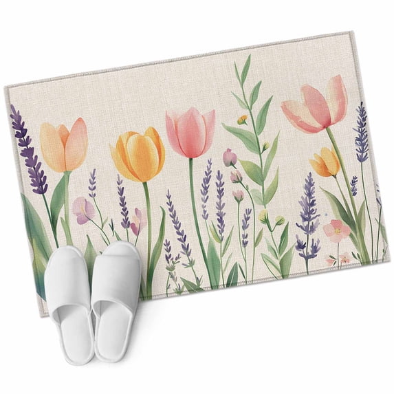 Spring Floral Large Area Rugs for Bedroom Living Room, Soft Non Slip Carpet Bedside Rug, Pink Yellow Tulip Botanical Summer Rectangular Floor Cover Kitchen Accent Rug 2'x3' for Dining Room/Office