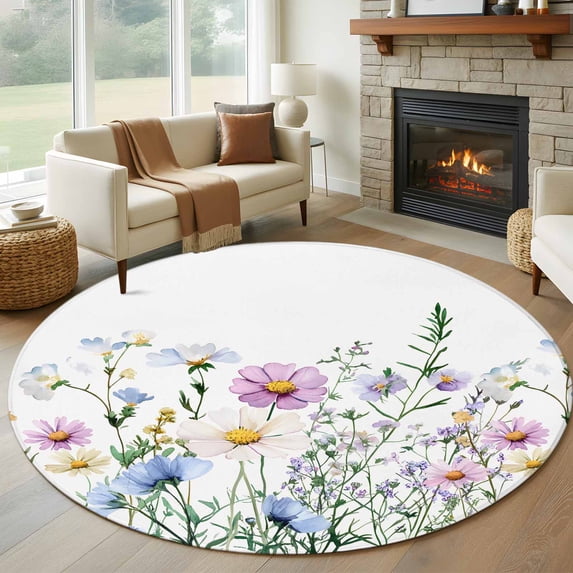 Spring Floral Large Round Rug 8 FT, Non Slip Living Room Area Carpet, Country Spring Floral Botanical Washable Soft Circle Rug Non-Shedding Floor Carpet for Bedroom Office Dining Room