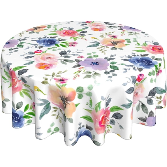 Spring Floral Leaf Round Tablecloth 60 inch Summer Flower Table Cloths Cover Mat Spill Proof Table Covers for Kitchen Party Dinner Tabletop Decoration