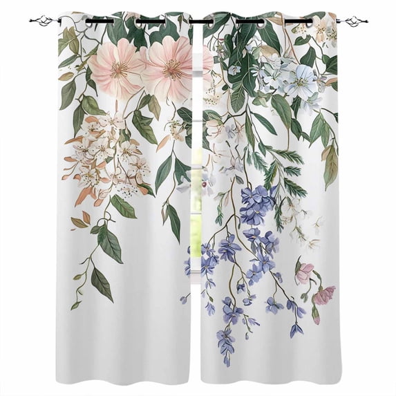 Spring Floral Leaves Blackout Curtains for Bedroom Living Room Darkening Curtains 54 Inch Long Rustic Watercolor Flowers Short Curtain for Small Window Treatment Insulated Grommet Drapes 42"x54"x2