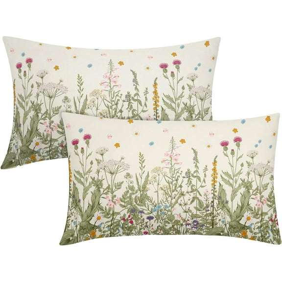 Spring Floral Lumbar Pillow Covers 12x20 Inch Set of 2 Sage Green Herbs Yellow Flowers Botanical Decorative Throw Pillows Summer Leaves Pillow Cases Farmhouse Home Decor for Sofa Couch Outdoor